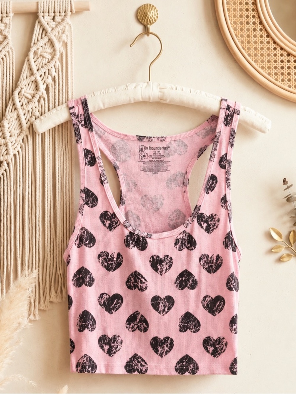 No Boundaries Pink Cropped Tank Top with Black Heart Print